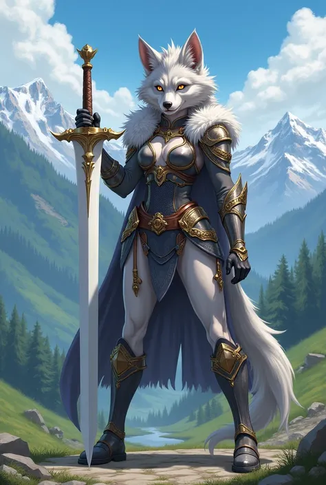 An anime female wolf beastman wears medieval clothes, armor, and shoes. She holds a white sword in her hand.