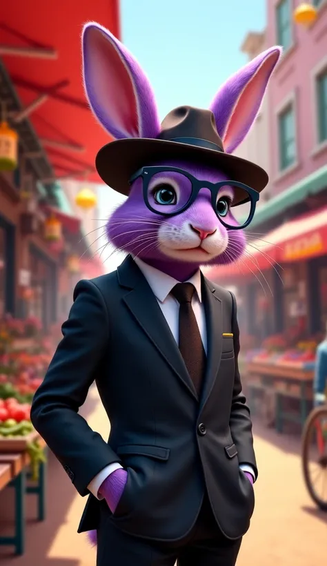 A purple-coloured rabbit wearing glasses and a cowboy hat as well as a black suit was shopping at the market