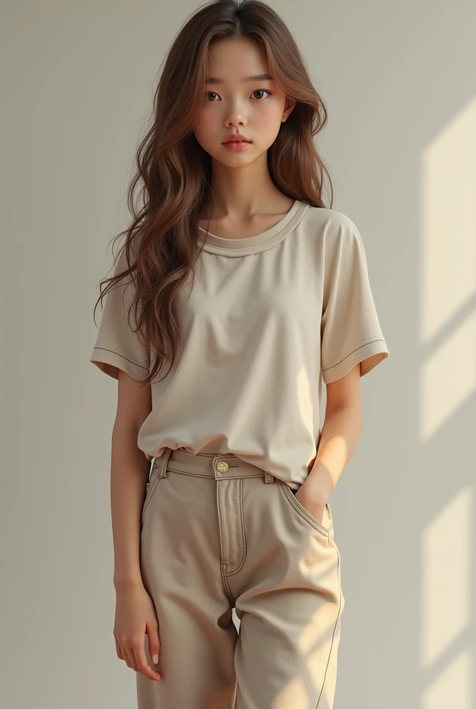 a realistic  girl wearing a casual shirt and baggy pants