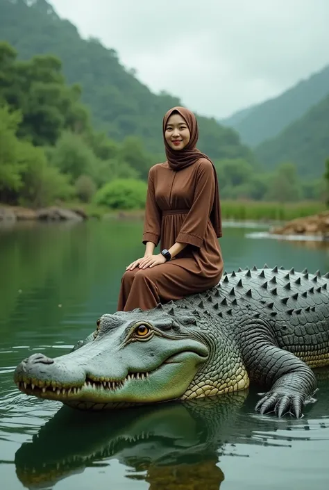  real degan where there is a Korean woman of 40 years old  , wearing hijab,the beautiful ,well-groomed face, wearing a brown-colored negligee,  cool black watch , sandal,  posing smiling sitting on the back of a huge crocodile Crocodylus porosus,,,,  croco...