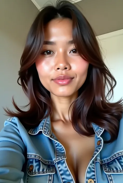 depict a beautiful 25 years old Indonesian Batak woman with quite large breasts, she has a bright skin like chinese, using shirt made by jeans and short pants, the photo taken by selfie from her side,  she made a cute face, she mash her hair, 4k, HD