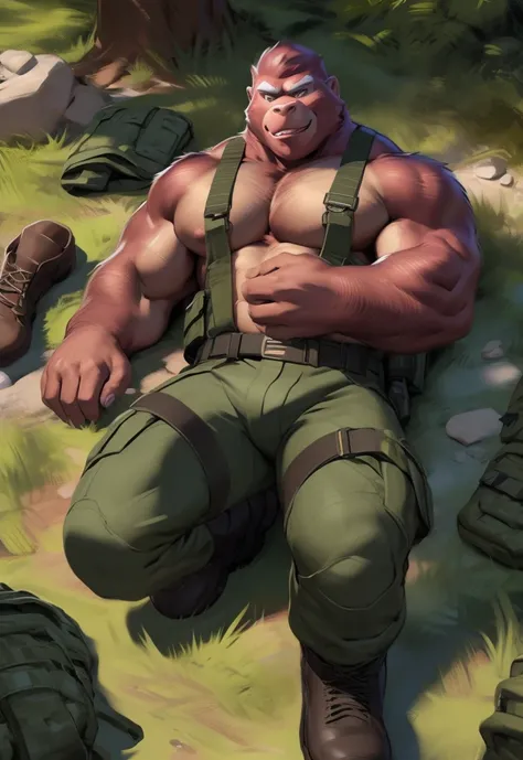 male, anthro, muscle, black green Army uniform , ( pink Gorilla),​Lying on the floor, marines outfit, marines,boot camp,half length portrait, , by zackary911, chunie, meesh, kiyosan, sigma x, bara, detailed background, Sexual​ Emotions​ happy​,​