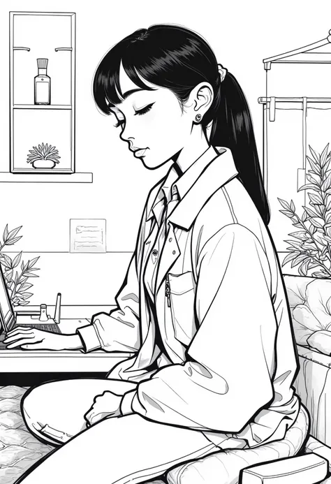 Black and white cartoon style、Change to wearing a white coat to work at an acupuncture clinic