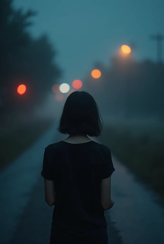 very realistic photo, high resolution 8K; we see, from behind, a woman with black hair, mid-length and cut square, standing in the middle of a country road, her arms folded towards her; night begins to fall, there is also mist; levitating above the road, s...