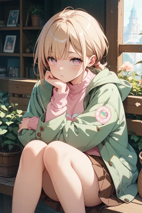  Light Blonde、Pale pink eyes、Little jito-eyed、 short hair、 lower ponytail、 light pink sweater、 green oversized jacket with hair hanging at the back、 brown skirt、 brown knee-high、