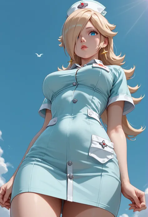 score_9, score_8_above, score_7_above, 1 ,   alone, princesa rosalina,   blond hair,   blue eyes,   fair-skinned woman  , >:d,   big boobs,  quadris, curve,  nurse costume ,  uniforms,   seen from below, 