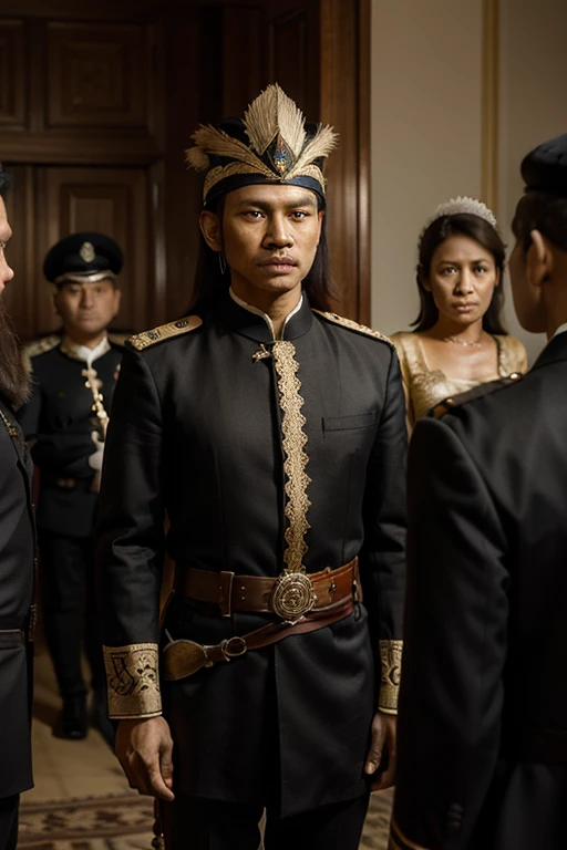 A resolute Javanese prince in traditional batik and royal headdress, standing tall with piercing eyes, facing a group of stern Dutch colonial officers in European uniforms, tense negotiation scene, dark colonial room, subtle fear and defiance in the air, h...