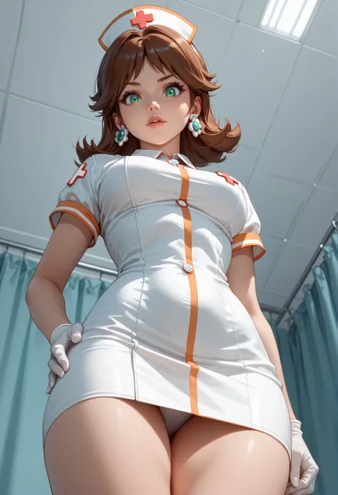 score_9, score_8_above, score_7_above, 1 ,    alone, princess daisy,     brown hair,    green eyes,    fair-skinned woman , >:d,    big boobs,    hips, curve, costume nurse ,  uniforms,  seen from below.