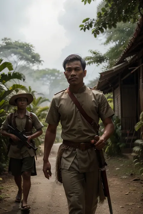 A proud Javanese prince wearing traditional royal attire, holding a kris sword, leading fierce guerrilla fighters through a misty, dense tropical jungle, with Dutch colonial soldiers ambushed in the background, tension and determination on their faces, 19t...