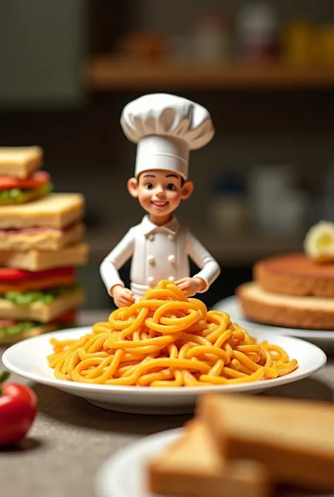 Un chef cuisinier miniature, vêtu d'une toque blanche et d'un tablier, debout sur un plan de travail de cuisine géant, en train de préparer un énorme plat de pâtes avec des ingrédients disproportionnés. À côté, une pile de sandwichs colorés et appétissants...