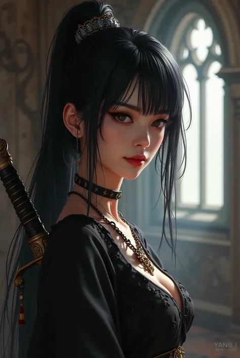  a close up of a woman with a sword in a room,  Concept Art by Yang J .,  winner of the cgsociety , Fantastic Art, Sword and soul , digital Fantastic Art ), digital 2d Fantastic Art, artistic style of Liulian , black haired wizard, detailed digital 2d Fant...