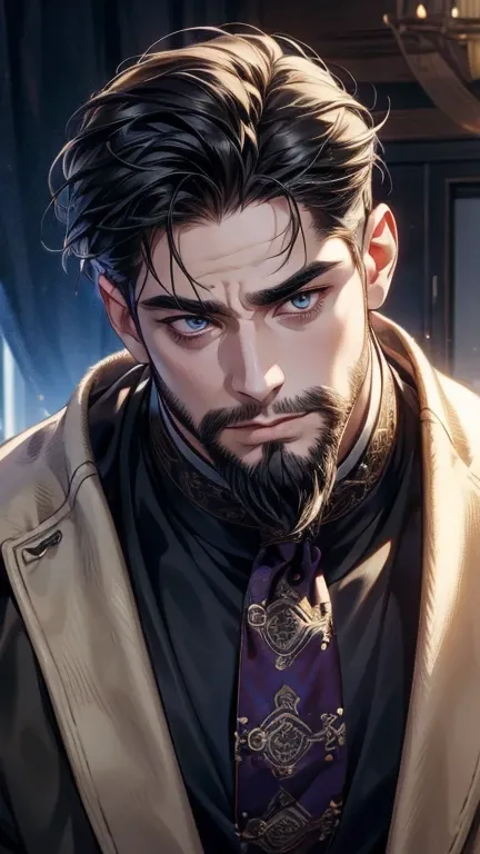 ( stupid,4K,8k,  highres,  masterpiece:1.2),  ultra-detailed,( realistically,photo realistically,photo- realistically:1.37),36-year-old man,3 day beard,cute anime ,Portraits,strong,Masculine,  dark hair,sharp jaw,    mesmerizing eyes    ,  perfectly combed...