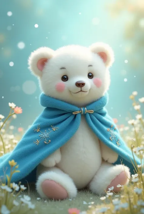 white teddy bear with a blue cape