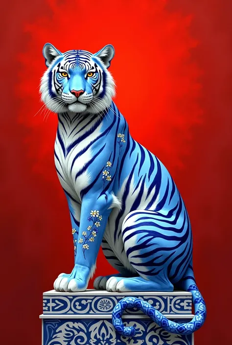 tiger in Russian Gzhel style, sitting on a pedestal on a red background