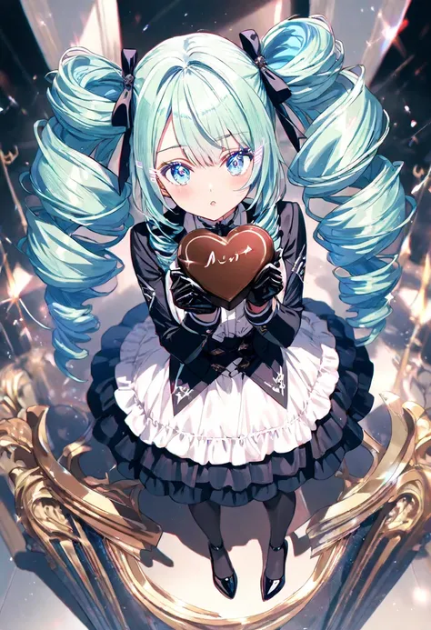 1 girle, Age 15, long hair, drill hair, Mint Cream Hair, Light Blue Eyes, Beautifully drawn lashes are long, full body, gothic clothing, High Heels, Heart Chocolate, Holding chocolate in both hands,  Anime, Masterpiece, UHD, retina, masterpiece, accurate, ...