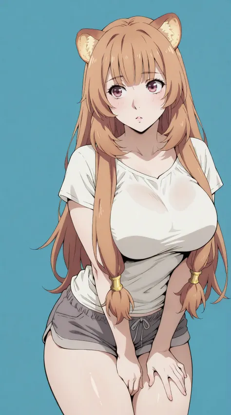 masterpiece, extremely detailed,perfect skin texture,4k,solo,1girl ,((fullbody)),raphtalia, kawaii,sexy legs,perfect body,large breasts,bangs,brown eyes,white t-shirt,grey shorts,housewife, high detailed, best quality, upper body, blue plain background ,((...