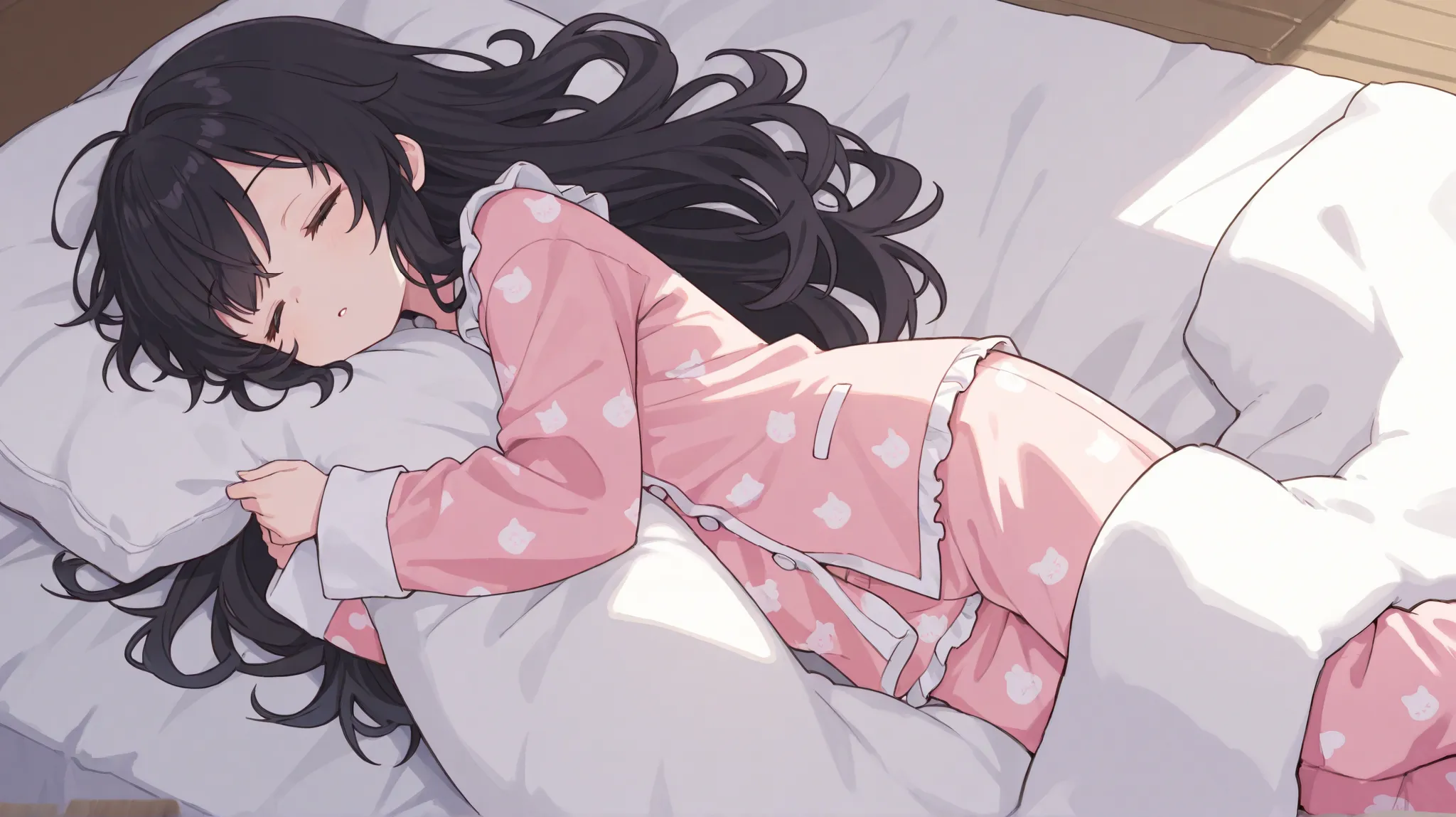  1 girl、dark, unkempt, long hair、Fluffy pink long-sleeved pajamas and pants、 my eyes are closed 。I'm holding a long pillow。I'm sleeping while lying on my bed wearing a fluffy futon。