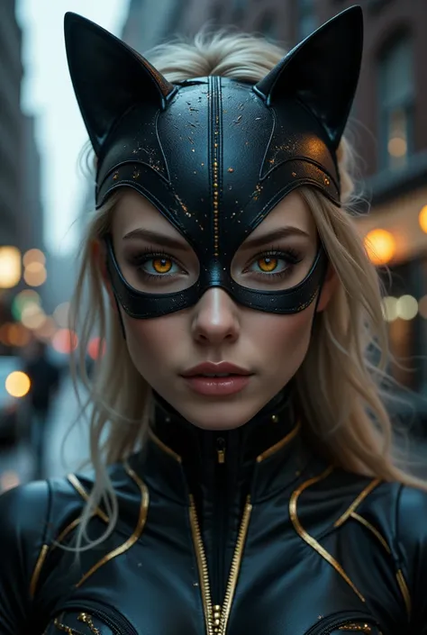 ((Brazilian blonde female)), Catwoman mask. The gold eyes wearing cosplay old school costume upper portrait in Gotham city 