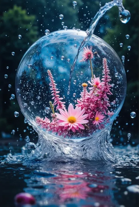 A crystal ball that rises from the bottom of the water and floats above the water emits light。What is inside a crystal 々 sphere is projected on the crystal 、 a sphere like a fantasy crystal ball 。 gentle ripples on the surface of the water and water drippi...