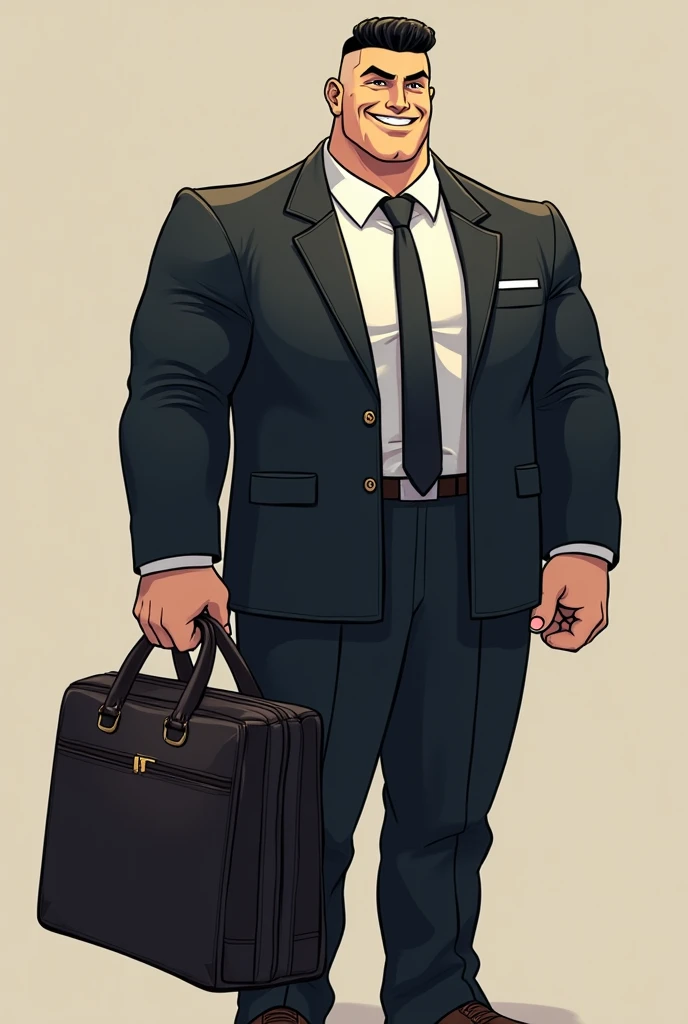 created anime charater a muscle bodybuilder man stand at 350cm and weight about 290kg he wear businessmansuite wearing blacksun in his hand glasses carrying a shiny titamun business bag that weight about 5ton he face was cheerfull ,he alway smile showing h...