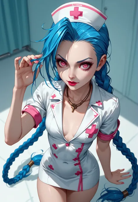 score_9, score_8_above, score_7_above, 1 , Jinx de League of Legends,   alone,   blue hair,  long braided hair ,  pink eyes ,  perfect anatomy ,  5 fingers,   fair-skinned woman , >:d,   small breasts,   narrow hips  , curve, roupa de  nurse,  nurse,  unif...