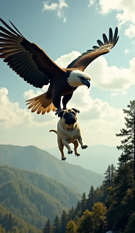 An eagle swoops down and captures the pug, carrying him into the sky.