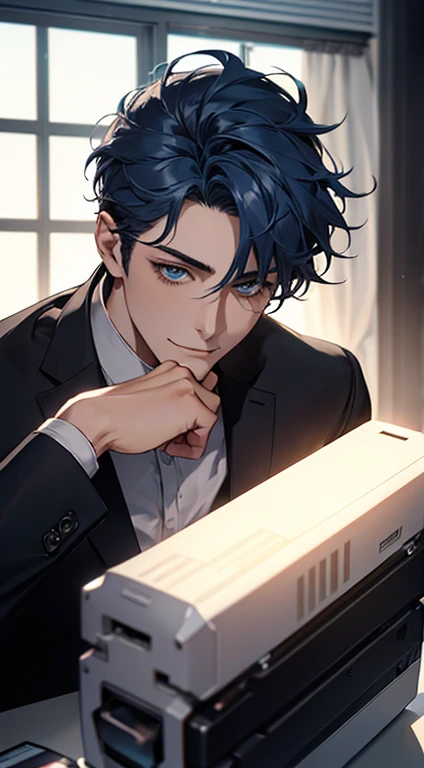 (  better quality,4K,8k, highres, masterpiece:1.2), ultra-detailed,( realistically,photo realistically,photo- realistically:1.37),1 man,31 years old, mature man,very beautiful hair, Expressionless, smile, short blue hair, blue eyes, penetrating look,no err...