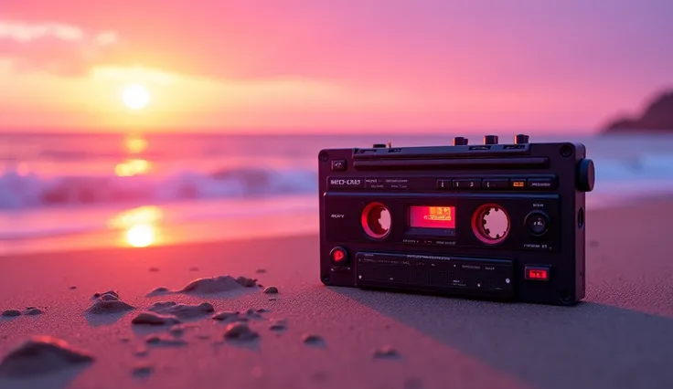 sea beach background neon realistic Sony cassette recorder on sand