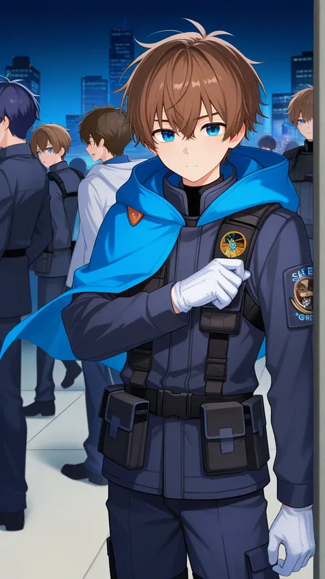 a japanese boy , he puts on white gloves , he is a high school student , he wears a  black combat uniform with a hood , brown hair , blue eyes , standing in night city