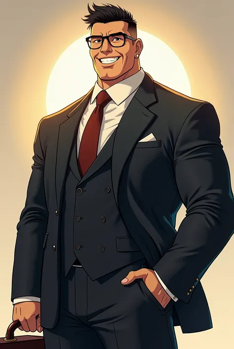 created anime charater a muscle bodybuilder man stand at 350cm and weight about 290kg look like a brickwall he wear businessmansuite wearing blacksun in his hand glasses carrying a shiny titamun business bag that weight about 5ton he face was cheerfull ,he...