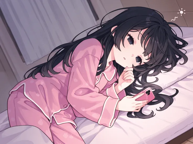  1 girl、 black hair、Undressed Long Hair 、Fluffy pink long-sleeved pajamas and pants、Lying in a futon、 is fiddling with the smartphone、My gaze is on my phone 、My eyes are sleepy、The screen is reflected in the eye。