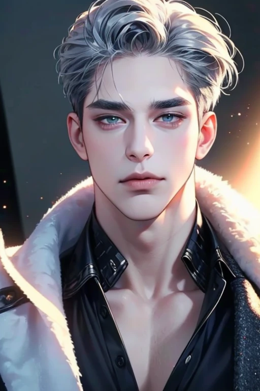 (  better quality,4K,8k, highres, masterpiece:1.2), ultra-detailed,( realistically,photo realistically,photo- realistically:1.37),36-year-old man,3 day beard,Cute anime ,Portraits,strong,Masculine, dark silver hair ,sharp jaw,  mesmerizing eyes  , perfectl...