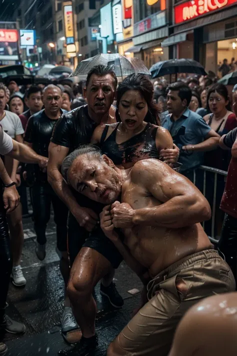 Fight scene movie, two dashing adorable Oldman, asian and Japanese grandpa, exhausted face, blood on their forehead and bodies, casual clothes, angry face, beating each other, in crowds people watching them, raining, very wet bodies, full bodies, 4k, real ...