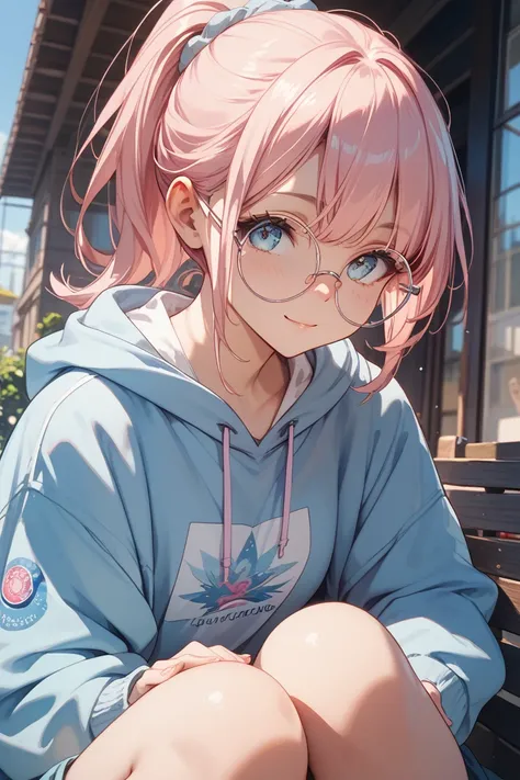  light blue hoodie、Round Glasses、 ponytail、Light pink hair、1 person