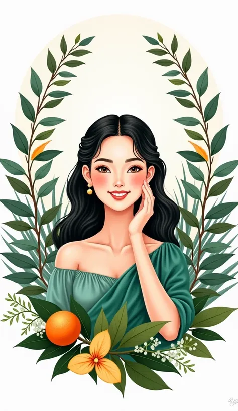  is a cheerful sweet-faced woman holding her hand on one cheek that is only half seen, with a Thai herb tree surrounded by a Thai herb tree below the image.,It is a beautiful painting, ,It is used as a packaging for a face marker.,Let's paint like in a Tha...