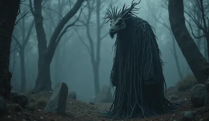 Dark shamanic Viking-style creature with an animal skeleton head and dressed in a dark cassock that looks like fog and covered in roots, the environment is dark and at night with a lot of fog in a forest of dry trees full of roots, some Viking rune stones ...