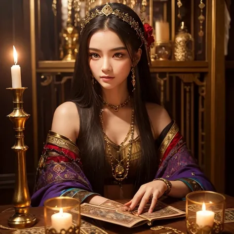 A realistic, enchanting female fortune teller with captivating beauty, dressed in traditional mystical attire. She is seated at an antique wooden table adorned with tarot cards and a crystal ball, surrounded by flickering candlelight. Her eyes exude wisdom...