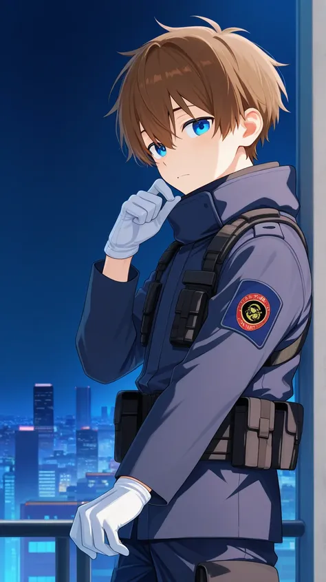 a japanese boy , he puts on white gloves , he is a high school student , he wears a  black combat uniform , brown hair , blue eyes , standing in night city