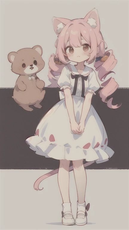  cuteデザイン,  The most beautiful girl I've ever seen 、 deformed　 plain background　 1 girl, drill twin tail,  light pink hair　Droopy white dog ears , 縦巻き fluffy浮いてる　cute white and brown dress　Put a brown ribbon on your hair　Put the letters Puppy Seeds 　 Now L...