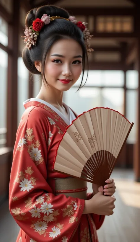 **Prompt:** Create a symmetrically balanced wide-angle image that captures the essence of the ancient Tokugawa era in Japan. The focal point of the scene is a hyper-realistic and lively ancient Japanese woman, portrayed as a folk bust geisha. She exudes ch...