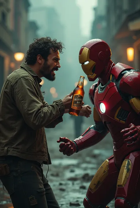 Create the image of a drunk man fighting with iron man with a drip bottle in his hand. The text above must contain the name "REPTILIAN BEER"