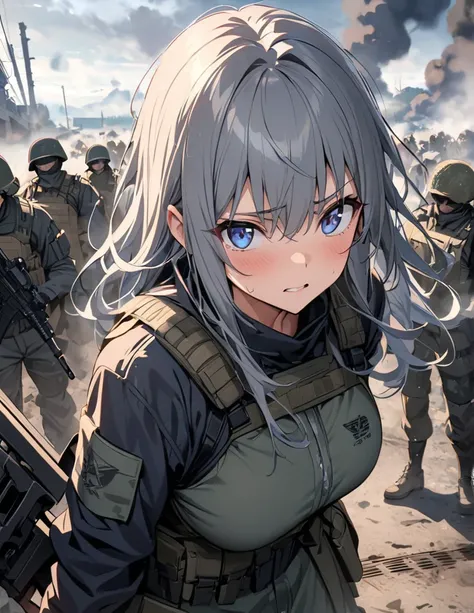 ( anime)、( Masterpiece:1.2),Atmospheric Perspective, lens flare、Foggy Battlefield, Makes the world look grey、 The female soldier is crouching.。With an irritated look on his face, he vows revenge..。Rain-soaked hair、ブロンド、 blue eyes、armed armored train、Traces...