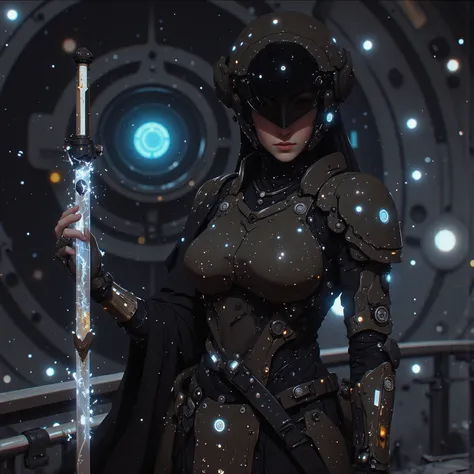 samurai、warrior、A cybernetic female cosmic samurai stands poised on the observation deck of a colossal interstellar battleship, her obsidian space-helm visor reflecting nebula patterns while maintaining her composed warrior’s gaze. Her right arm transforms...