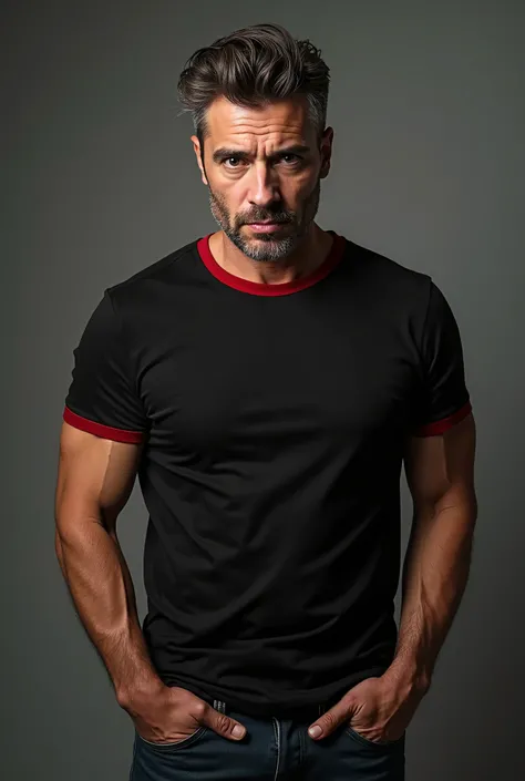 sexy English guy, 40YO,  blincking, black & red t shirt and a jeans