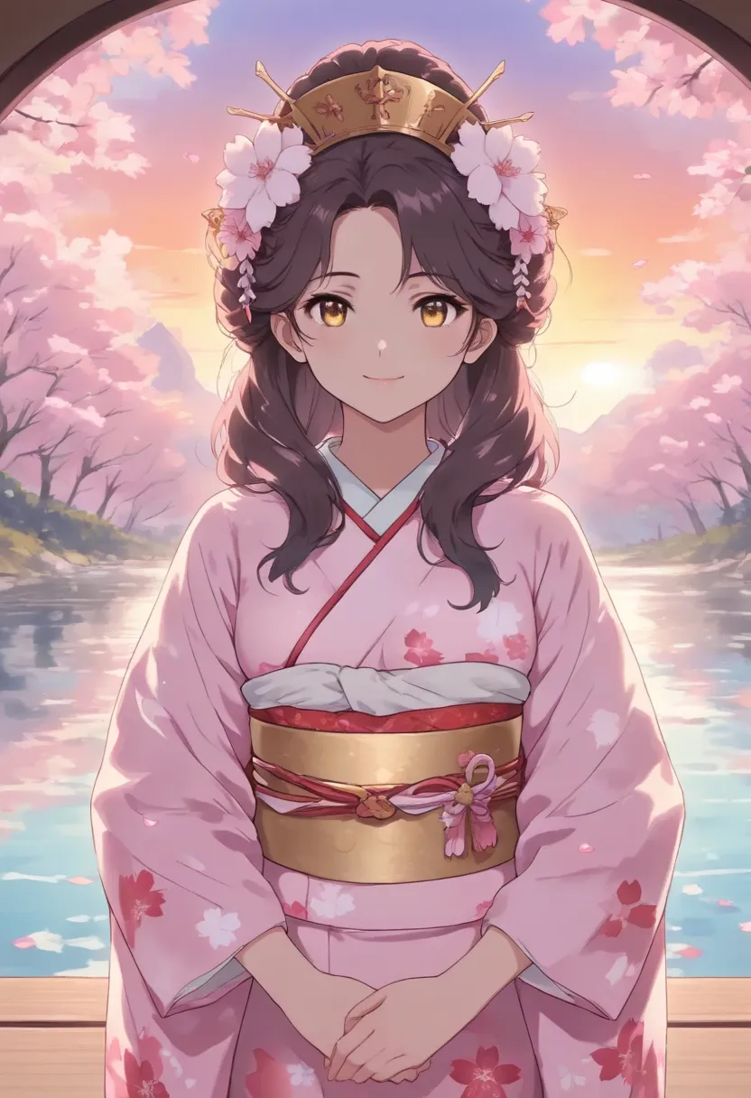 Asuna,  masterpiece,   Best Quality ,  detailed, (1 Girl),  is unique,  detailed golden eyes,  long hair,  permanent, Close to the audience , ( detailed kimono),  light smile ,  Medium Chest ,  ( behind the hands ), water, Sunset, (headdress), (Cherry Blos...