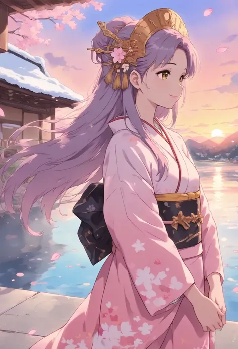 Asuna,  masterpiece,   Best Quality ,  detailed, (1 Girl),  is unique,  detailed golden eyes,  long hair,  permanent, Close to the audience , ( detailed kimono),  light smile ,  Medium Chest ,  ( behind the hands ), water, Sunset, (headdress), (Cherry Blos...