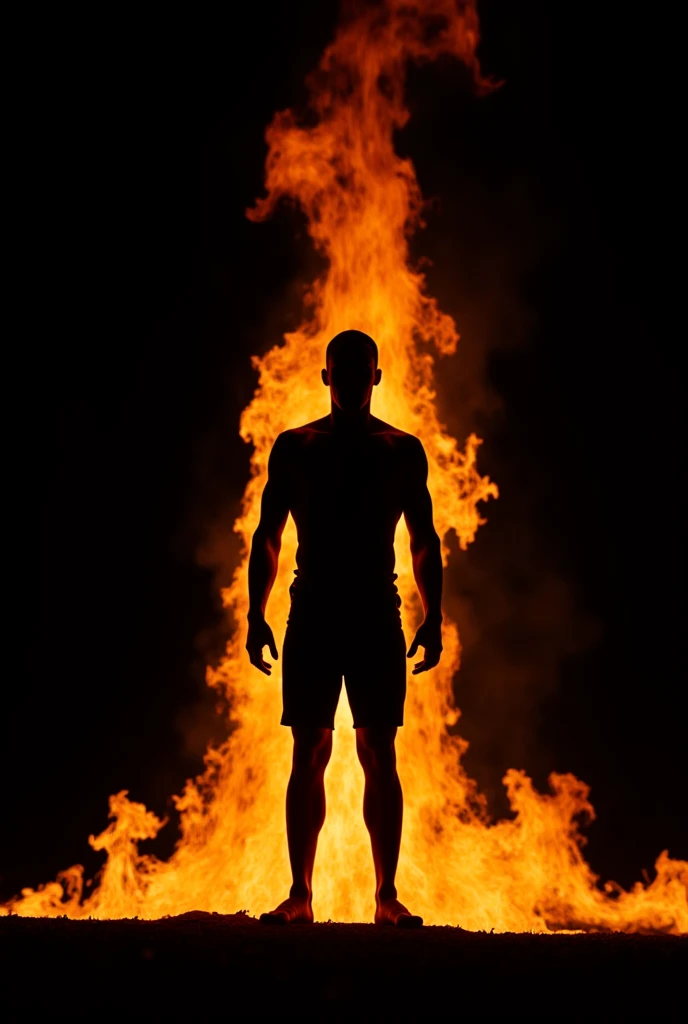 Create a compelling image featuring the dark silhouette of a man standing, his form subtly defined and engulfed by dynamic, swirling flames. The background should be deep black, with occasional tongues of fire adding depth and intensity to the scene. The c...