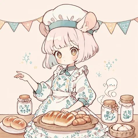 cute illustration,multiple characters,(Hamuko-chan, hamster girl, light brown eyes,(Light pink hair: bob cut hair: 1.3), (Nordic pattern apron dress), hamster ears), dynamic pose, Soft and delicious bread, french bread, 🍞, 🥐, 🥖, (hamster: 1.3) There is a h...