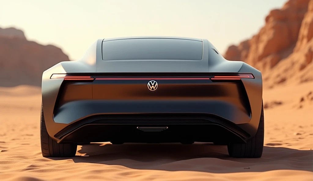 back of Volkswagen Project Trinity 2026 in Metallic Black colour standing in desert capture from straight back angle. Should looks realistic.