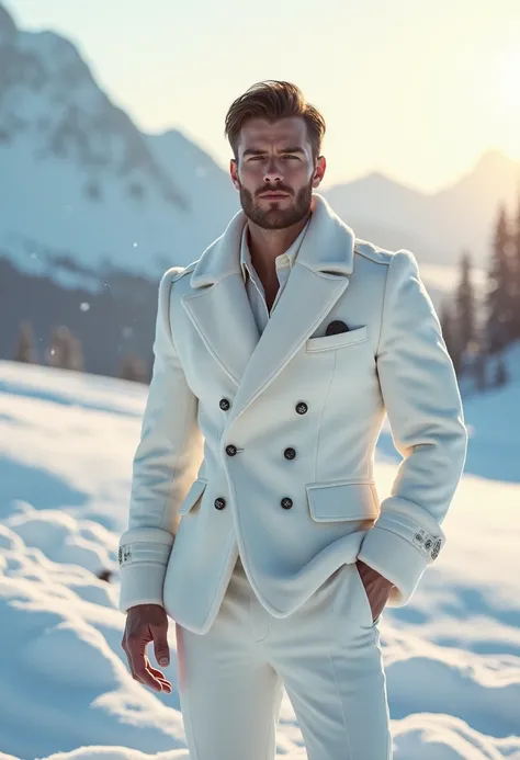 Morning lighting, a man is seen wearing a white Vicking suit in the snow, looking charming and handsome, with a snowy mountain in the background.